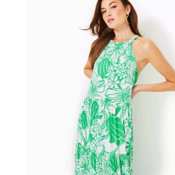 $298 NWT LILLY PULITZER BECCALYN HALTER MAXI DRESS SPEARMINT OVERSIZED KISS S - Picture 5 of 9